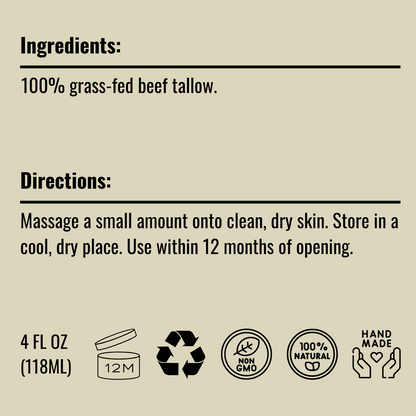 Pure Whipped Tallow Balm | 1 Ingredient (Unscented) | Handmade in USA | 100% Organic Grass-Fed Beef Tallow (4oz)
