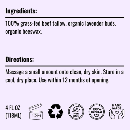 Pure Whipped Tallow Balm | Handmade in USA | 100% Organic Grass-Fed Beef Tallow (4oz, Lavender Hint)