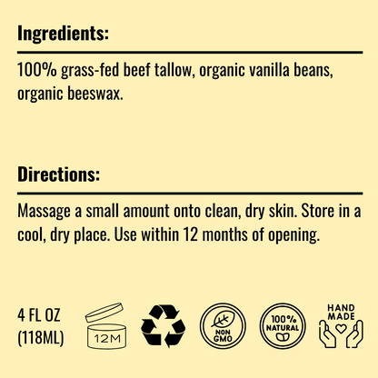 Pure Whipped Tallow Balm | Handmade in USA | 100% Organic Grass-Fed Beef Tallow (4oz, Vanilla Hint)