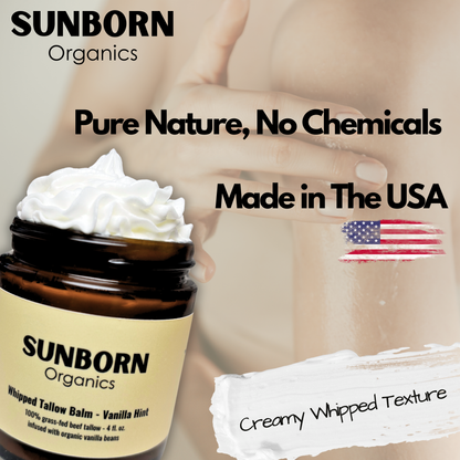 Pure Whipped Tallow Balm | Handmade in USA | 100% Organic Grass-Fed Beef Tallow (4oz, Vanilla Hint)