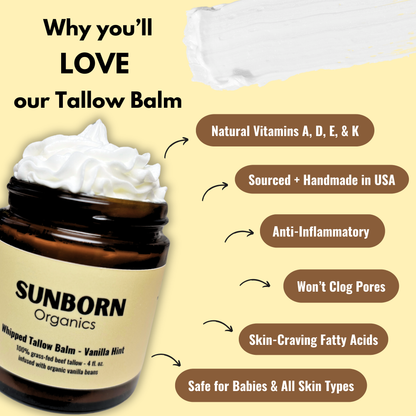 Pure Whipped Tallow Balm | Handmade in USA | 100% Organic Grass-Fed Beef Tallow (4oz, Vanilla Hint)